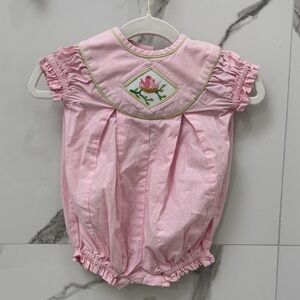 Baby Pink Smocked One Piece with Embroidered Detail